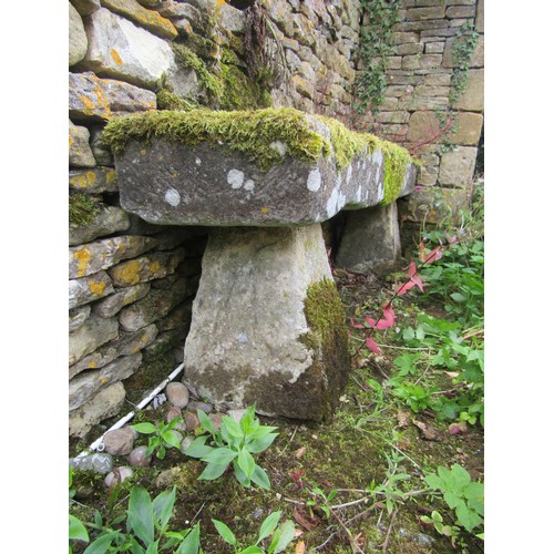 1023 - A long weathered natural stone planter / trough of rectangular form, raised on associated staddle su... 