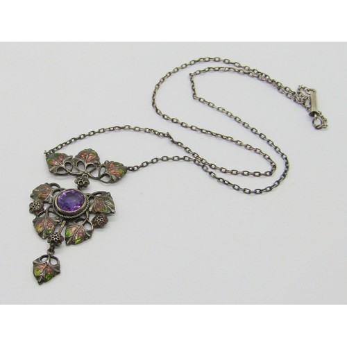 327 - Arts & Crafts enamelled silver articulated pendant necklace, bezel set with a circular amethyst, in ... 