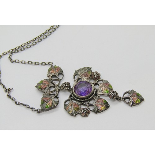 327 - Arts & Crafts enamelled silver articulated pendant necklace, bezel set with a circular amethyst, in ... 