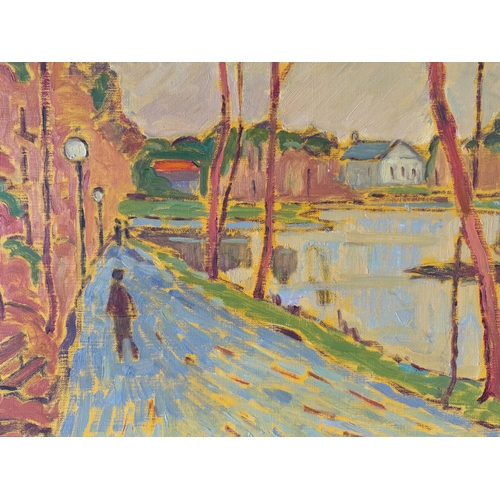 1949 - Guy Pichon (1933-2007) - Figures strolling along a path by the pond, signed lower right, oil on canv... 