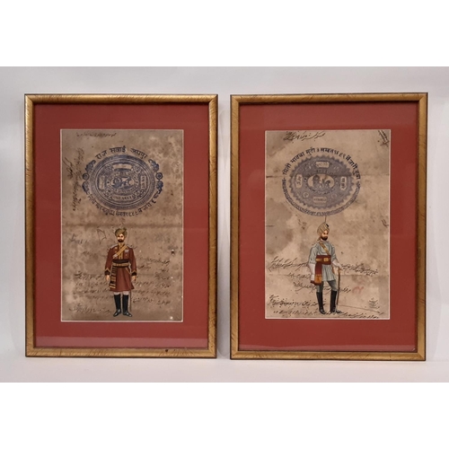 1948 - A pair of Indian paintings of soldiers, gouache on inscribed paper with a Jaipur Government Court Fe... 