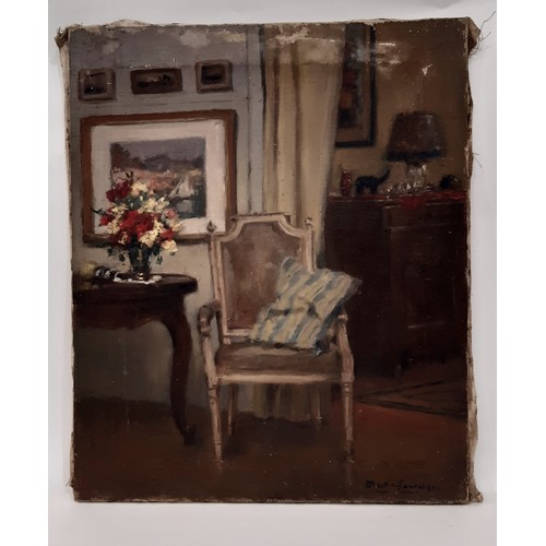 1939 - Charles Martin-Sauvaigo (1881-1970) - Interior scene with a fauteuil and vase of flowers, signed low... 