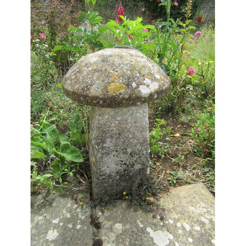 1031 - A weathered natural stone staddle stone and cap (with damage / cracking to base and losses to top) 6... 