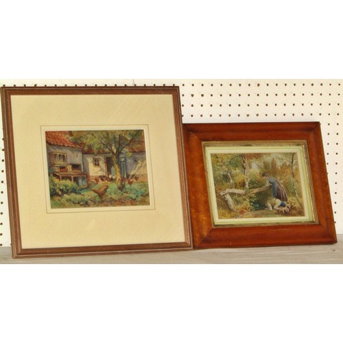 1969 - Seven framed prints and paintings, to include: A. Rous - Farm scene with chickens, watercolour, sign... 