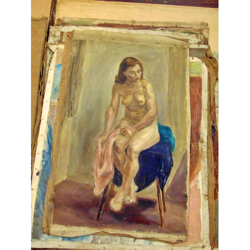 1988 - A folio of eleven early 20th century female nude studies from life, all oil on canvas (loose canvas ... 