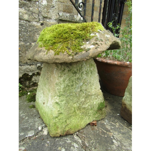 1054 - A small weathered natural stone staddle stone and cap, 50cm high, together with a weathered and rive... 