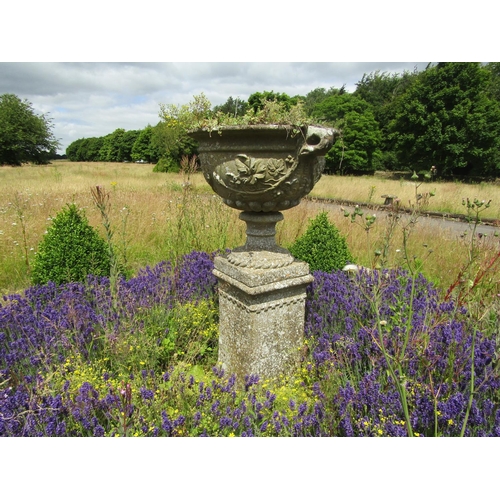 1068 - A weathered composition stone twin-handled urn shaped planter with moulded fruiting vine detail, rai... 