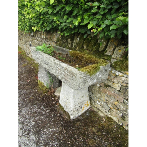 1071 - A weathered natural stone planter / trough of rectangular form, raised on a pair of associated stadd... 