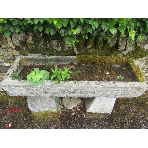 1071 - A weathered natural stone planter / trough of rectangular form, raised on a pair of associated stadd... 