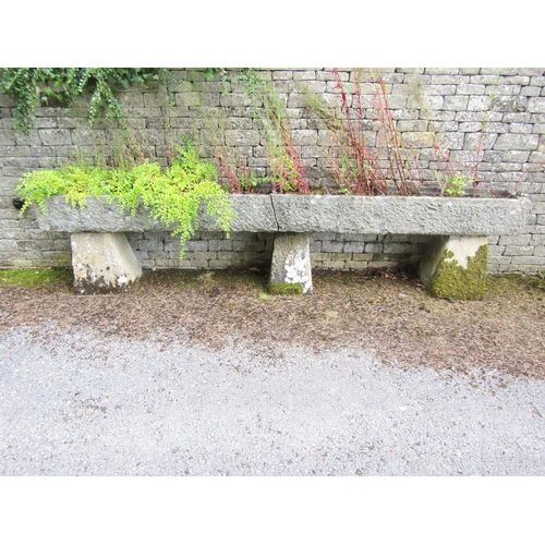 1073 - A very long weathered natural stone planter / trough of rectangular form, raised on a trio of associ... 