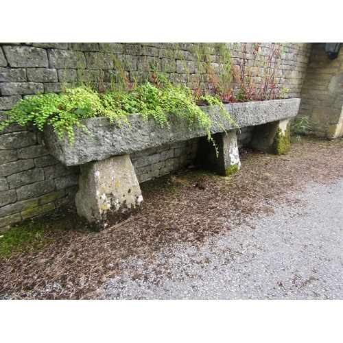 1073 - A very long weathered natural stone planter / trough of rectangular form, raised on a trio of associ... 