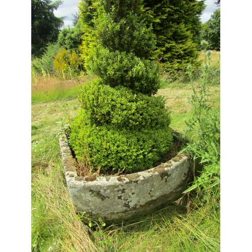 1076 - A large weathered natural stone planter of rounded squared form, with a well established box topiary... 