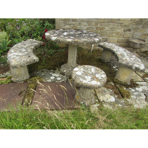 1083 - A five-piece composition stone garden / patio set composting table (86cm high, 90cm diameter) pair o... 