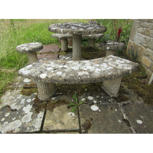 1083 - A five-piece composition stone garden / patio set composting table (86cm high, 90cm diameter) pair o... 