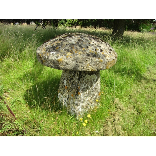 1107 - A weathered natural staaddle stone and cap (2) 63 cm high, 54cm cap diameter

From the collection of... 