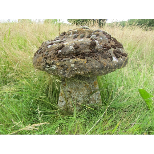 1114 - A weathered natural staddle stone and cap (2) 44 cm high, 48cm cap diameter

From the collection of ... 