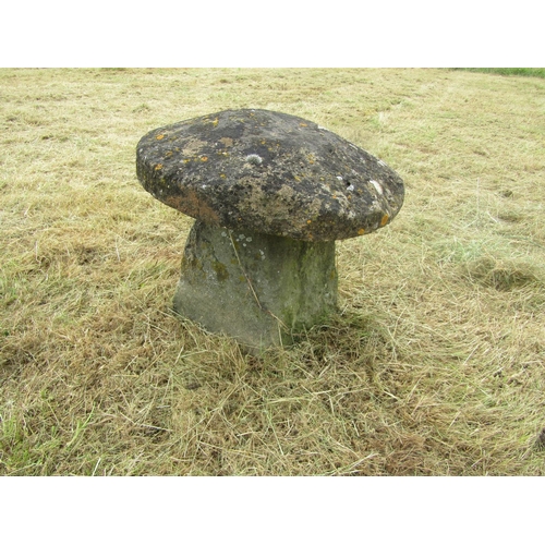 1116 - A weathered natural staddle stone and cap (2) 55 cm high, 55cm cap diameter

From the collection of ... 