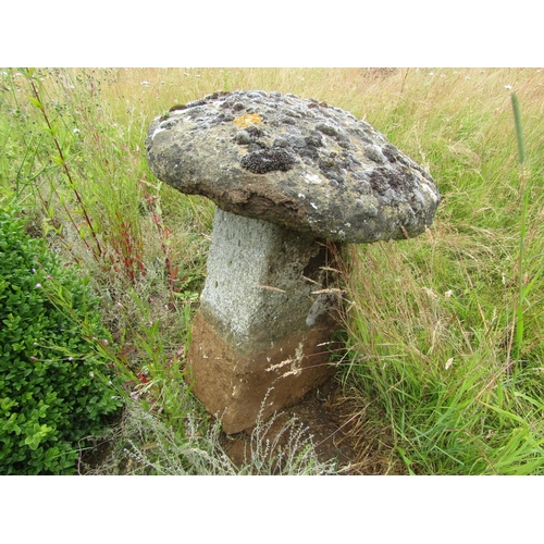 1121 - A weathered natural staddle stone and cap (2) 52 cm high, 50 cm cap diameter 

From the collection o... 