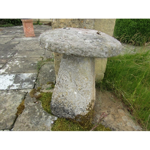 1127 - A weathered natural staddle stone and pierced circular cap (2) 69 cm high, 50cm cap diameter

From t... 