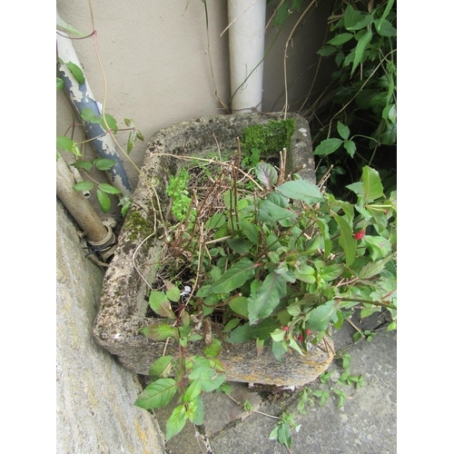 1042 - A weathered natural stone planter / trough of rectangular form, raised on carved limestone soccle su... 