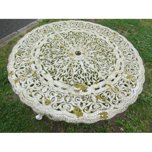 1254 - A painted and weathered heavy gauge cast alloy garden terrace table, the decorative pierced circular... 