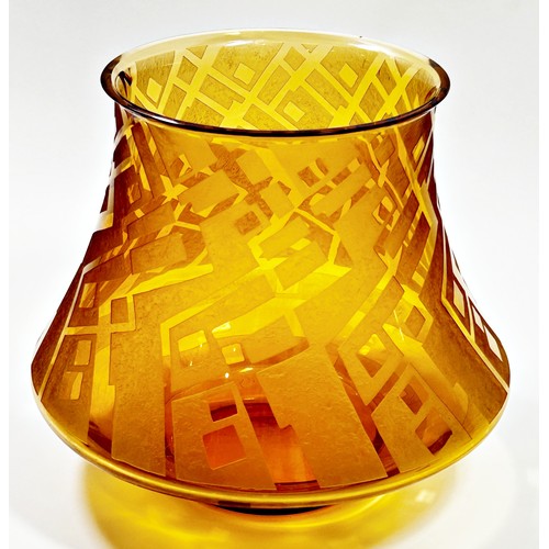 156 - A Daum acid etched amber glass vase of bladed cylindrical form, etched with geometric motifs in the ... 