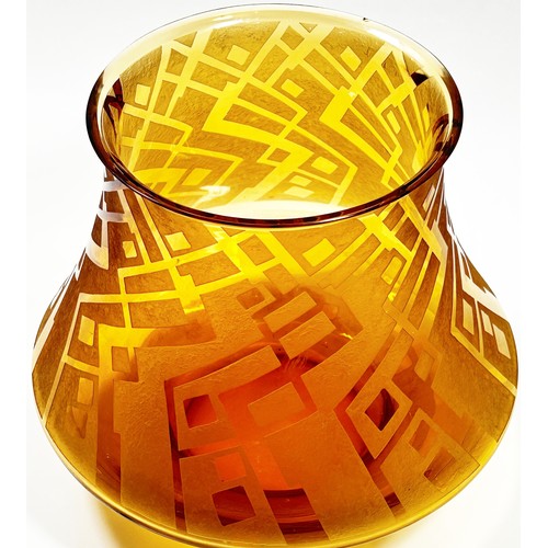 156 - A Daum acid etched amber glass vase of bladed cylindrical form, etched with geometric motifs in the ... 