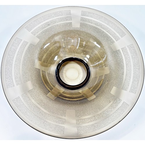 157 - Charles Schnieder, a large acid etched smoked glass charger /wide rimmed footed bowl, with engraved ... 