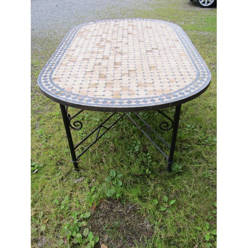 1159 - A garden table of oval form with mosaic top raised on steel supports united by an open cross stretch... 