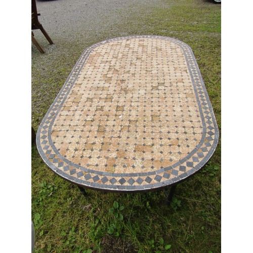 1159 - A garden table of oval form with mosaic top raised on steel supports united by an open cross stretch... 