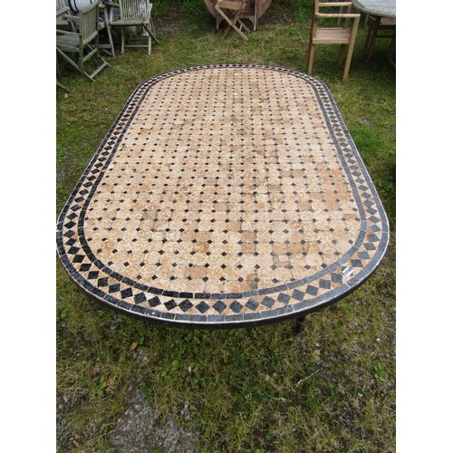 1159 - A garden table of oval form with mosaic top raised on steel supports united by an open cross stretch... 