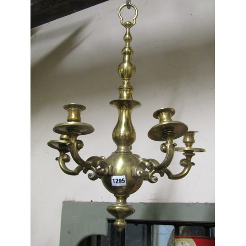 1295 - Cast brass five branch hanging ceiling light with candle sconces, 54cm H