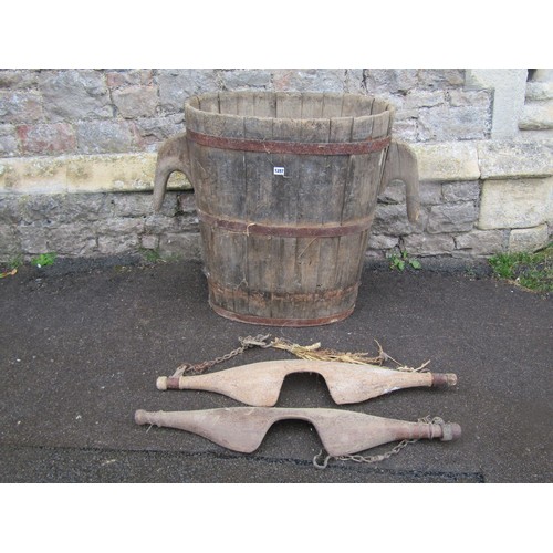 1287 - Vintage coopered oak and steel banded grape hod, 75cm H, together with two yokes (af) (3)