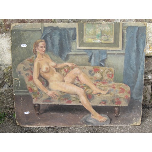 2005 - Post-war British school, study of a reclining female nude, in interior setting with chaise lounge an... 