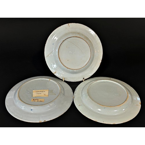 30 - Three 18th century tin glazed plates, two with chinoiserie detail, the third with floral panel, prob... 