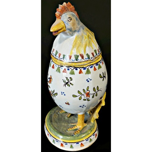 7 - French majolica cockerel on and egg, 20cm high