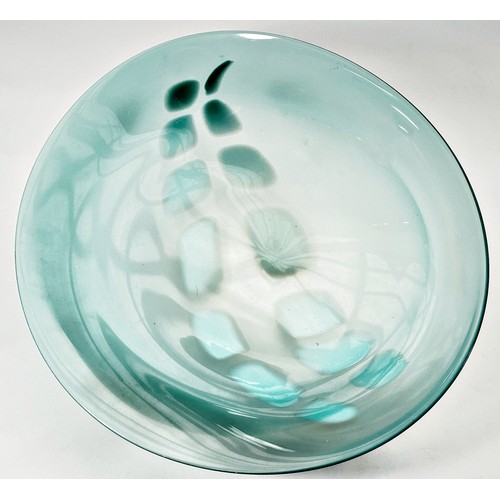 188 - A Karlin Rushbrooke turquoise Studio Art Glass bowl, engraved signature to the base, 32cm x 29cm.