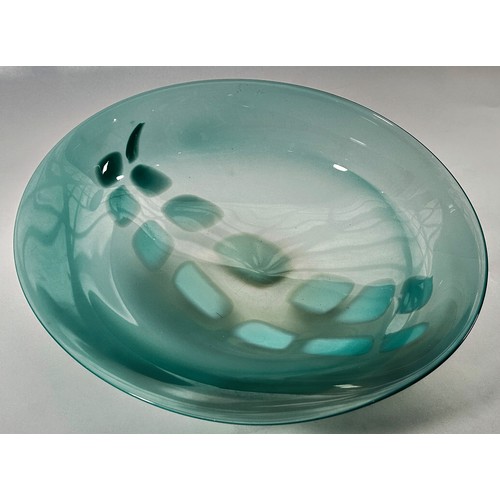 188 - A Karlin Rushbrooke turquoise Studio Art Glass bowl, engraved signature to the base, 32cm x 29cm.