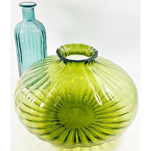 201 - A large ribbed green Art Glass centre piece vase, 35cm wide x 25cm high together with an blue green ... 