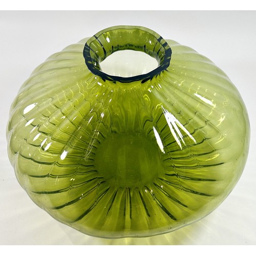 201 - A large ribbed green Art Glass centre piece vase, 35cm wide x 25cm high together with an blue green ... 