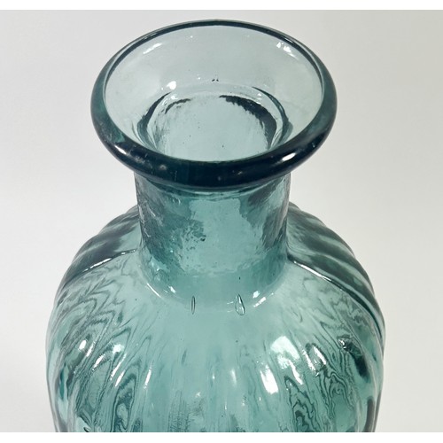 201 - A large ribbed green Art Glass centre piece vase, 35cm wide x 25cm high together with an blue green ... 