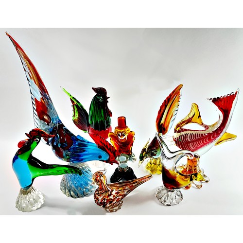 202 - Four Murano Glass Cockerels, a dove, a duck (broken beak), a clown and a fish