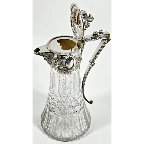 224 - A Regency style cut glass and silver plated claret jug with a Hippocampus to the lid and a dolphin t... 