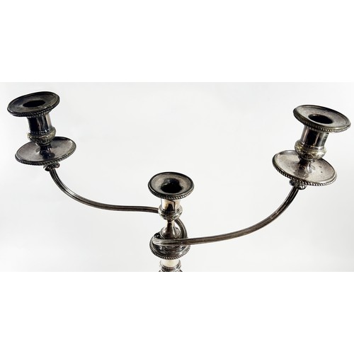 228 - A Matthew Boulton 19th century silver plated three light candelabra bearing twin sun burst stamps to... 