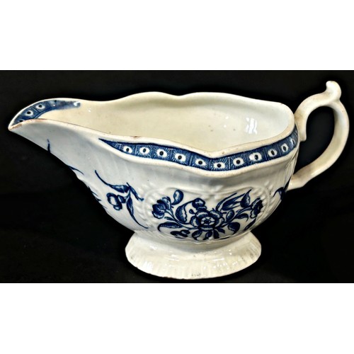 121A - An 18th century Worcester strap fluted sauce boat with floral detail, 16cm long