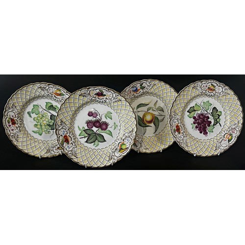 61 - A set of four mid 19th century Minton dessert plates with hand painted sprays within lattice work bo... 