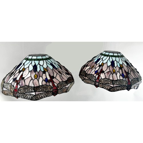 189 - A pair of Tiffany style dragonfly pendant ceiling light shades, 42cm diameter.