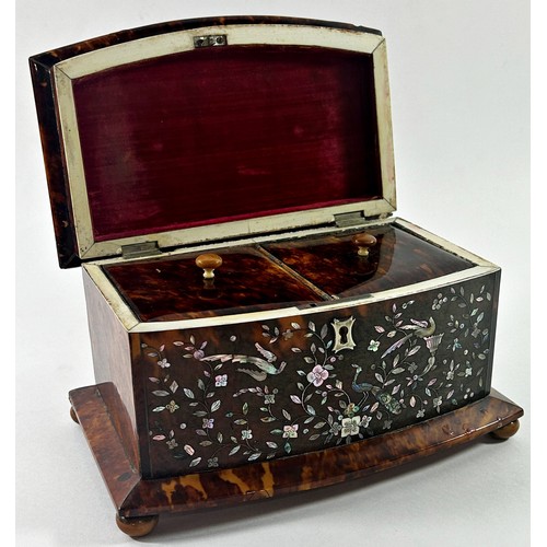 386 - Tortoiseshell tea caddy with ivory banding in lining and mother of pearl decoration
Ivory certificat... 