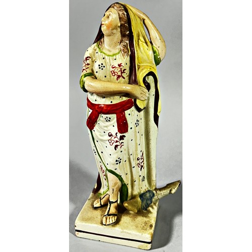 117 - 18th century Staffordshire Pearlware figure of Hope, the female figure holding an anchor, 18cm high