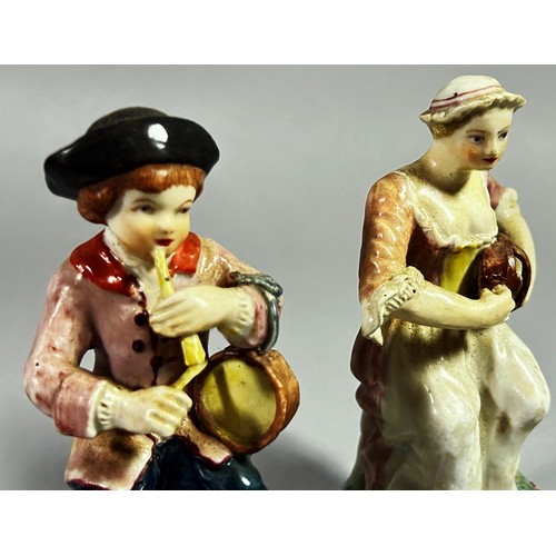 119 - A pair of 18th century Plymouth porcelain figures, male and female musicians, he playing a pipe and ... 